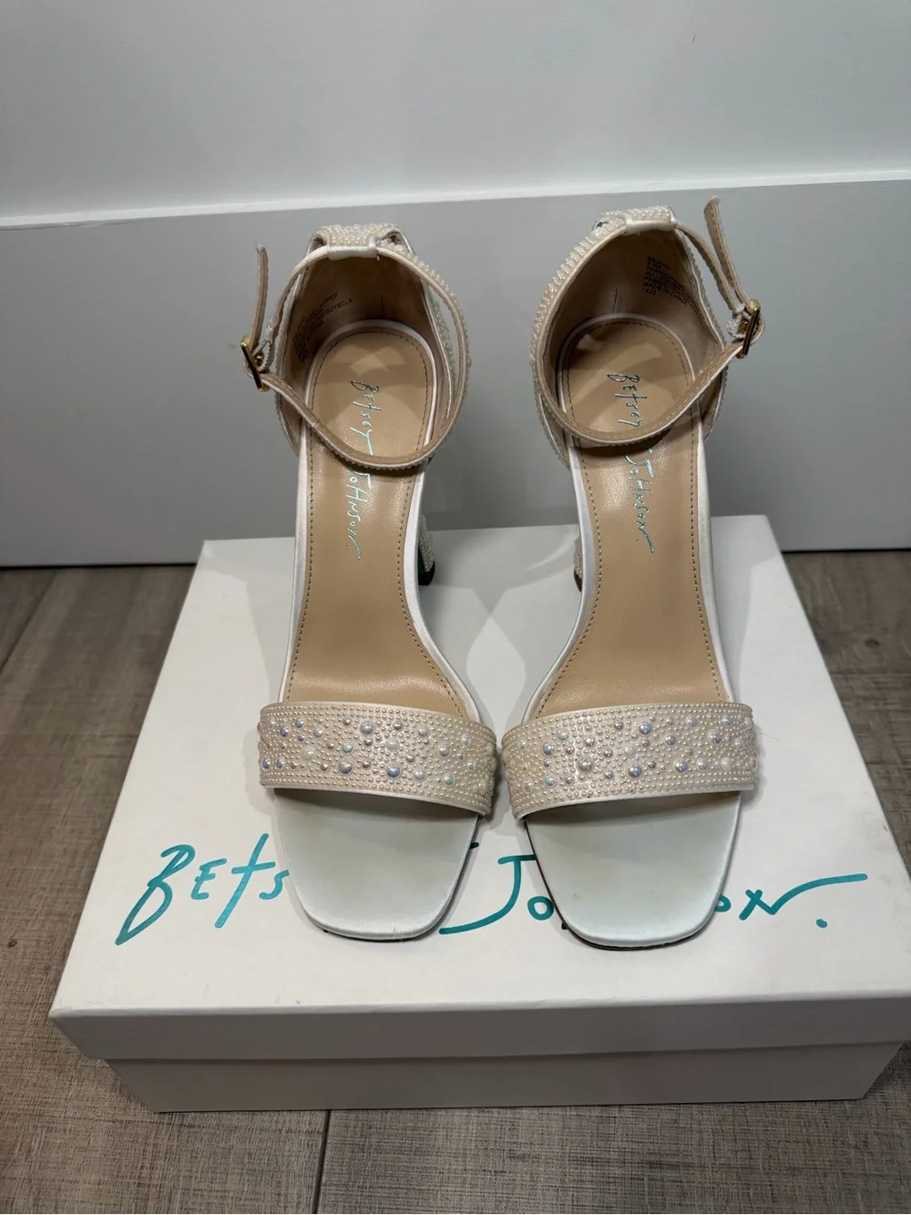 Betsey Johnson Ivory Pearl Embellished Ankle Strap Heels